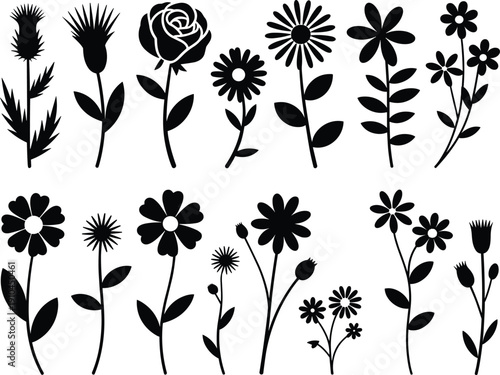 Black Flower Silhouettes Set of Garden Blooms and Wildflower Floral Elements Isolated on White Background for Nature Design Wedding Invitations and Vector Art Graphics