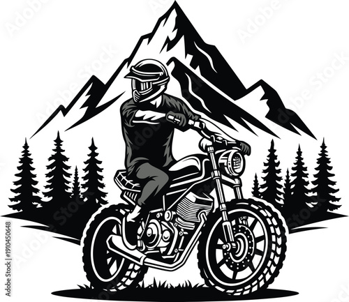 Black and white motorcycle rider illustration with mountain peak