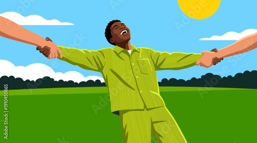 Joyful Man Holding Hands Outdoors Under Sunlight