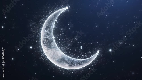 Crescent moon glowing in a starry night sky with dust particles