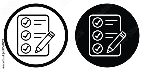 Professional clipboard with checkmarks vector icon. Set in circular frames with contrasting black and white styles. Suitable for business tasks, completed projects, and quality control.