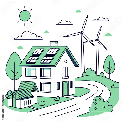 Renewable powered smart housing society, clean energy concept for residential communities, vector illustration of eco-friendly living.
