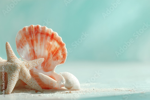 Seashells and starfish on sandy beach with turquoise background