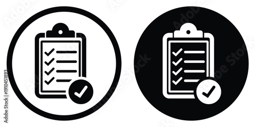 Professional clipboard with checkmarks vector icon. Set in circular frames with contrasting black and white styles. Suitable for business tasks, completed projects, and quality control.