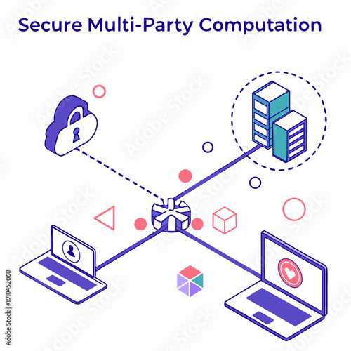 Secure multi-party computation abstraction, demonstrating distributed secure computation and data privacy through complex network connections, vector illustration.