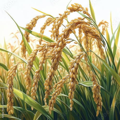 Close-up of golden rice panicles heavy with ripe grains among green leaves in a sunlit paddy, evoking abundance and tranquil harvest readiness