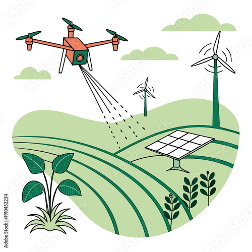 Smart agriculture with drone irrigation system concept, illustrating precision farming, water conservation, and modern technology in crop production, eco-friendly vector.