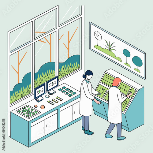 Smart biodiversity conservation concept within a lab environment, showcasing scientific research and ecological study powered by advanced technology for environmental protection.