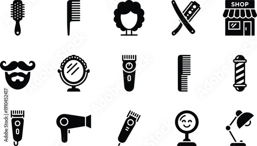 Barbershop and Hair Salon Silhouette Icons Set Grooming Tools Vector Illustration Collection Isolated Design