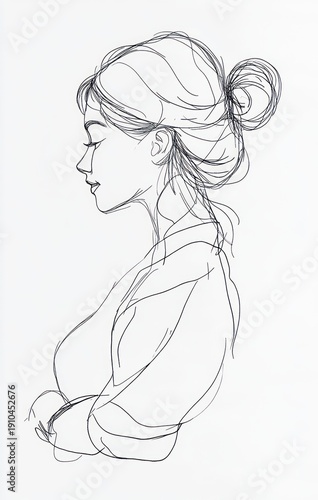 Minimalist line sketch of a woman in profile with messy bun, loose top and folded arms, calm contemplative posture
