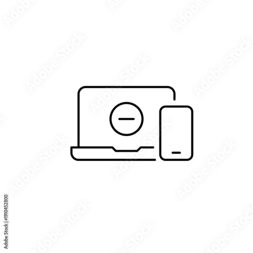 Laptop, phone and minus symbol. Cross device synchronization unavailable. Pixel perfect, editable stroke vector icon