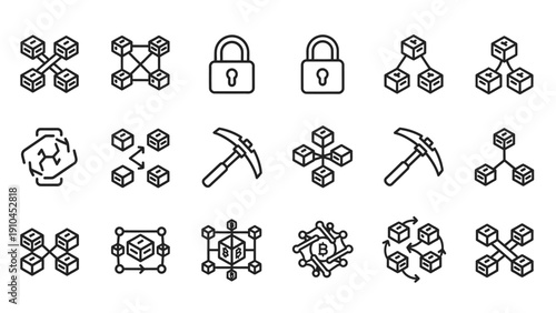 Digital Blockchain Technology Icons Set.