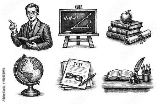 Vintage education engraving set, school and university sketches in woodcut style isolated on white