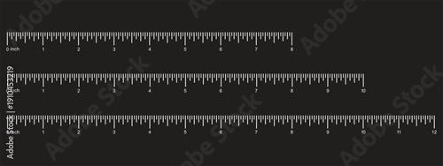Measuring chart 8,10,14 inches. Set of ruler scales twelve, fourteen. Sewing tool icons. Length measurement math, distance, height