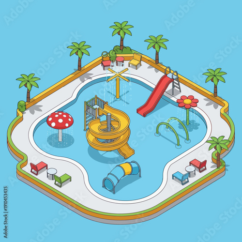 Isometric Water Park Playground with Slides and Attractions.