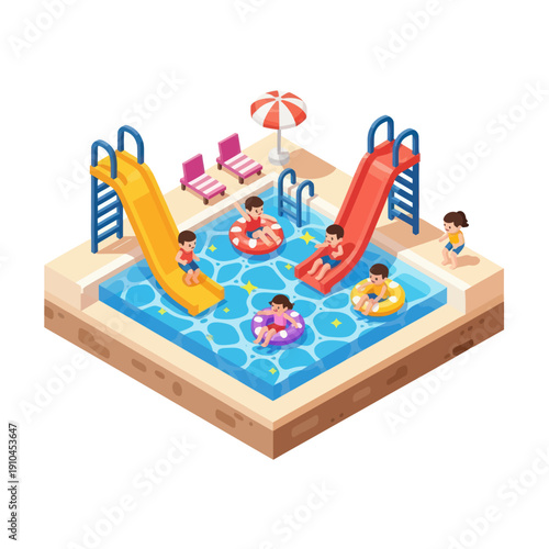 Children Playing in Swimming Pool with Slides.