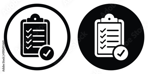 Professional clipboard with checkmarks vector icon. Set in circular frames with contrasting black and white styles. Suitable for business tasks, completed projects, and quality control.
