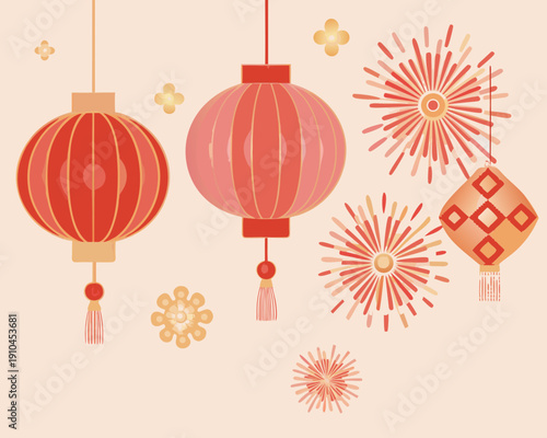 Festive illustration featuring red lanterns and vibrant firework displays