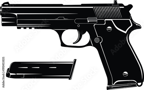 Black silhouette of a semi-automatic pistol with a detached magazine viewed from the side against a white background showcasing details