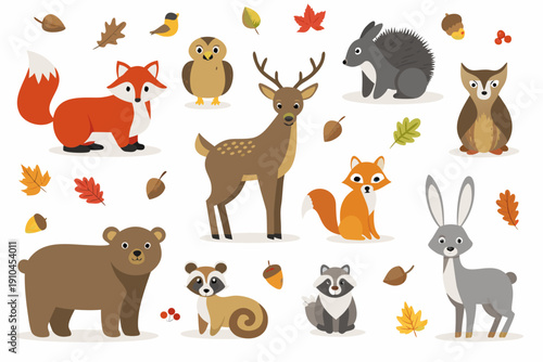 Cartoon illustration of woodland creatures and autumn foliage