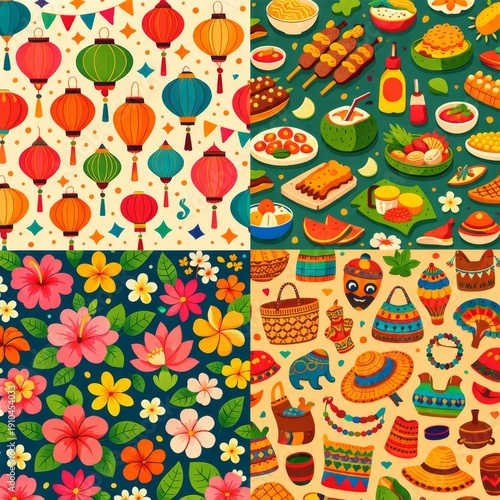 Colorful Southeast Asian street market decorative pattern set
