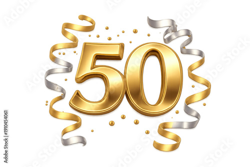 Golden 50 number with ribbons celebrating anniversary