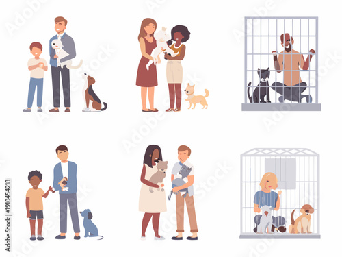 People interacting with pets adoptions care and animals in shelters