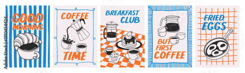 Hand drawn outline posters set of breakfast and coffee break. Doodle sketch illustrations with coffee cups, croissant, pancakes, eggs, coffeemaker. Vintage design for kitchen wall art, cafe menu