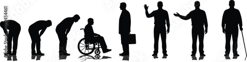 Black silhouettes of men in a sequence showing different actions and stages of life including bowing, using a wheelchair, and walking with a cane, with reflections