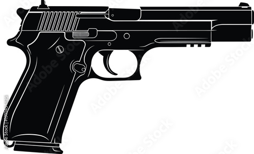 Detailed black silhouette of a semi-automatic pistol viewed from the side against a white background showcasing firearm mechanics and
