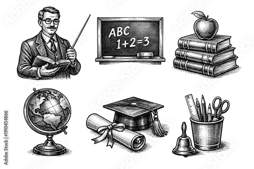 Vintage education engraving set, school and university sketches in woodcut style isolated on white