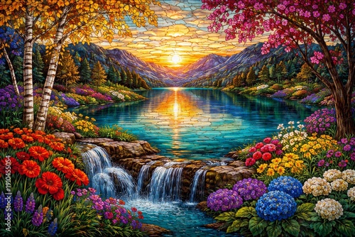 A serene autumn landscape features a natural mountain waterfall cascading over mossy rocks into a flowing forest stream surrounded by orange trees and stones