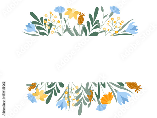 Horizontal template with floral decor. Border of flowers and herbs with copy space. Natural motifs background for fill, vector graphic