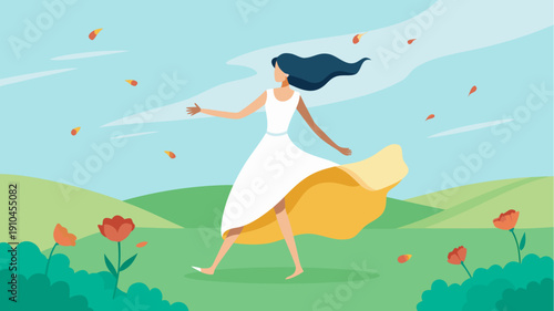 Flat illustration of woman in white dress walking in windy spring landscape with flowers
