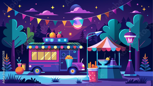 Colorful night festival scene with food truck and street stall under starry sky illustration