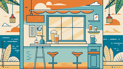 Flat seaside bar kiosk with drinks and stools at sunset vector illustration
