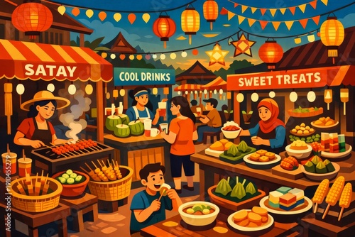 Vibrant Southeast Asian street market vector illustration