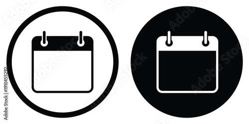 Minimalist calendar vector icon in circular frames. Featuring a clean flip-style organizer symbol in both outline and solid black versions. Perfect for scheduling, dates, and planning UI.