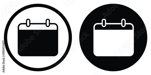 Minimalist calendar vector icon in circular frames. Featuring a clean flip-style organizer symbol in both outline and solid black versions. Perfect for scheduling, dates, and planning UI.