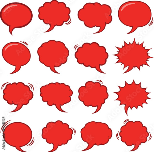 Flat vector illustration comic speech and thought bubbles set, red dialogue icons, communication design graphic conversation storytelling background