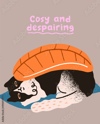 Funny design of postcard with depressed lying cat is covered with leaf. Cute greeting card with sad, exhausted kitty. Comic layout with despairing kitten, tired animal. Flat vector illustration