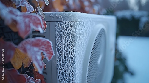 Frost-covered outdoor heat pump with icy red and orange leaves on a quiet winter morning