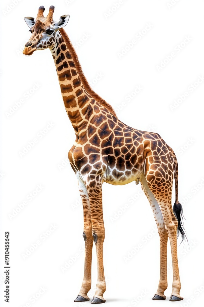Naklejka premium Tall giraffe standing on white background with long neck, distinctive spotted coat, ossicones and a calm curious expression