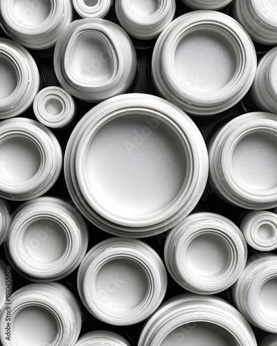 White ceramic bowls arranged in a symmetrical circular pattern create a minimalist and abstract visual. their varying sizes and uniform color offer a modern, artistic texture ideal for contemporary de