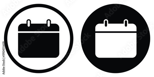 Minimalist calendar vector icon in circular frames. Featuring a clean flip-style organizer symbol in both outline and solid black versions. Perfect for scheduling, dates, and planning UI.