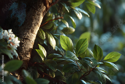 Sunlight gently illuminates lush green leaves on a tree, creating a serene and tranquil atmosphere. the natural detail and dappled light evoke a sense of calm and connection with nature, perfect for n