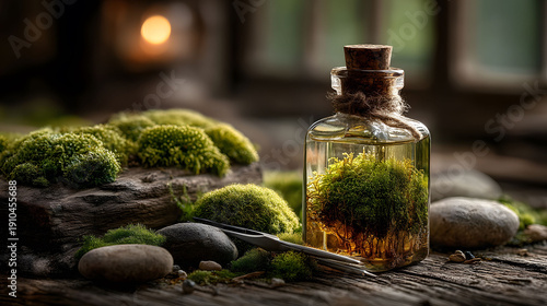 A glass bottle filled with vibrant green moss creates a rustic terrarium, set against a backdrop of natural pebbles and soft lighting. ideal for interior decor, this scene evokes tranquility and a con