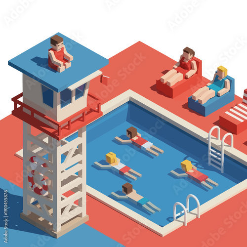 Lifeguard Tower and People Swimming in Pool.