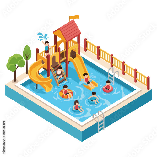 Children Playing in Swimming Pool with Water Slide.