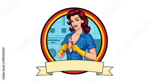Retro Service Woman with Tools and Appliances - Vector Illustration for Home Repair and Maintenance Services